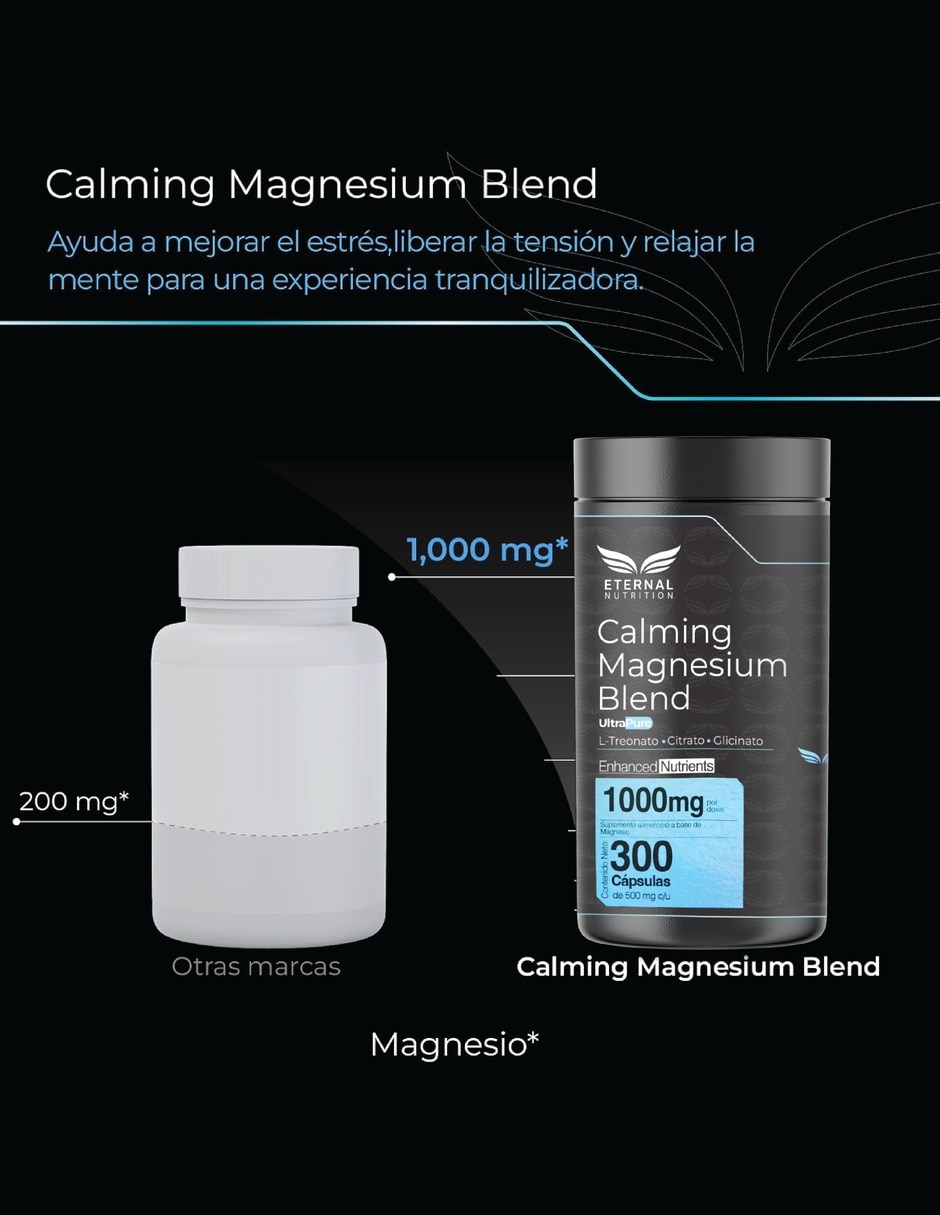 Magnesio Quelado 3 en 1 Eternal Nrtrition Calming Blend: 1,000 mg - 300 Cápsulas - 150 Porciones 6