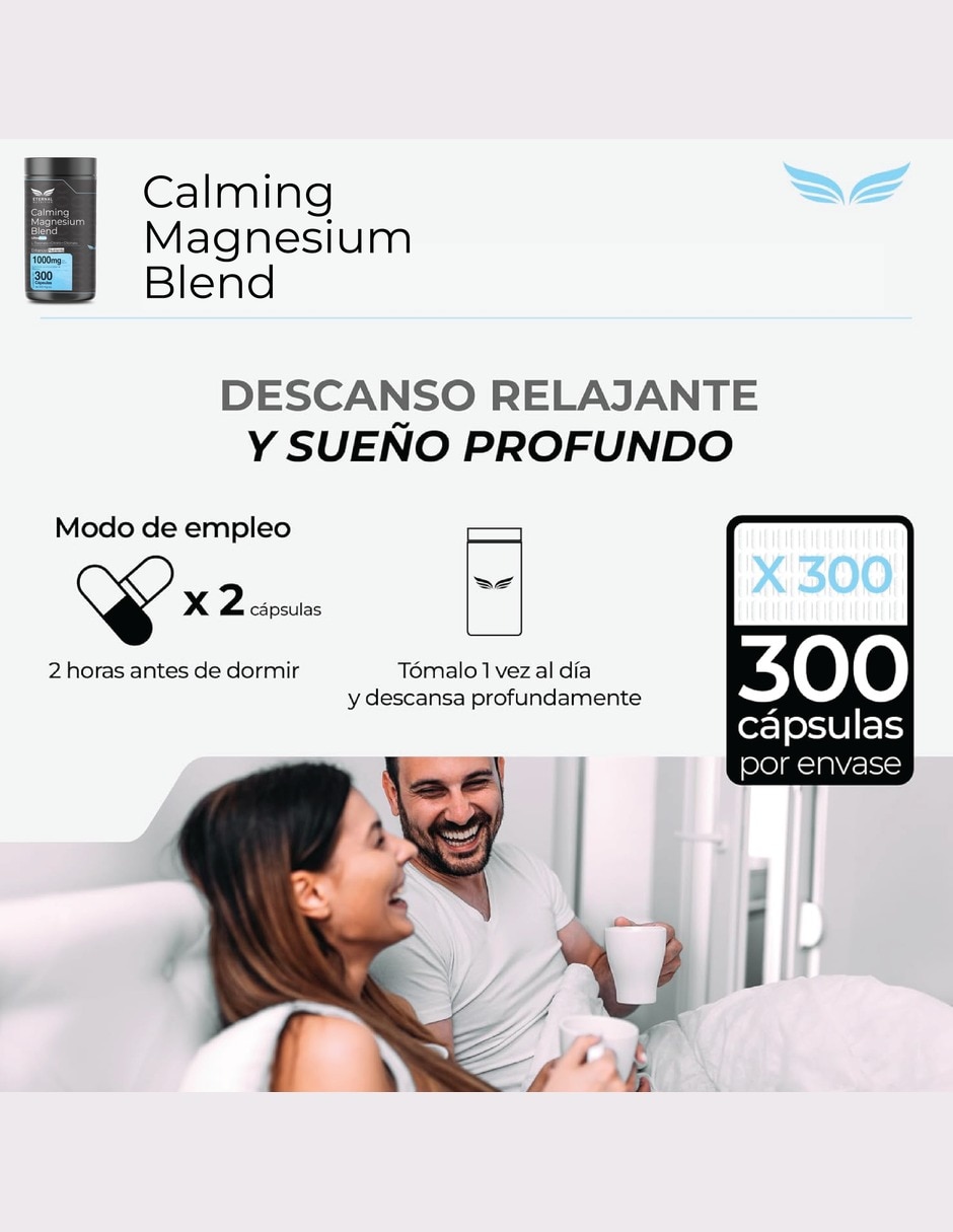 Magnesio Quelado 3 en 1 Eternal Nrtrition Calming Blend: 1,000 mg - 300 Cápsulas - 150 Porciones 2