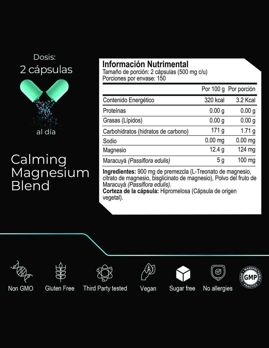 Magnesio Quelado 3 en 1 Eternal Nrtrition Calming Blend: 1,000 mg - 300 Cápsulas - 150 Porciones 7