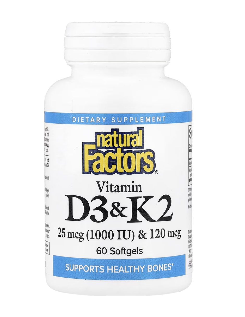 Vitaminas D3 y K2 25 mcg 1000 UI y 120 mcg 60 cápsulas