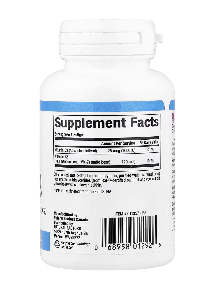 Vitaminas D3 y K2 25 mcg 1000 UI y 120 mcg 60 cápsulas