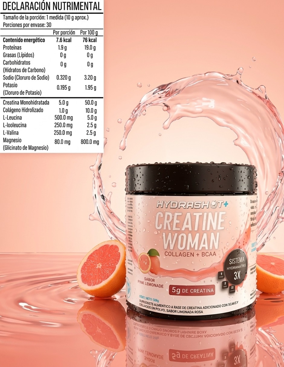 Creatina 5g + Bcaa+colgeno Hydrashot sabor limonada rosa de 300g 5