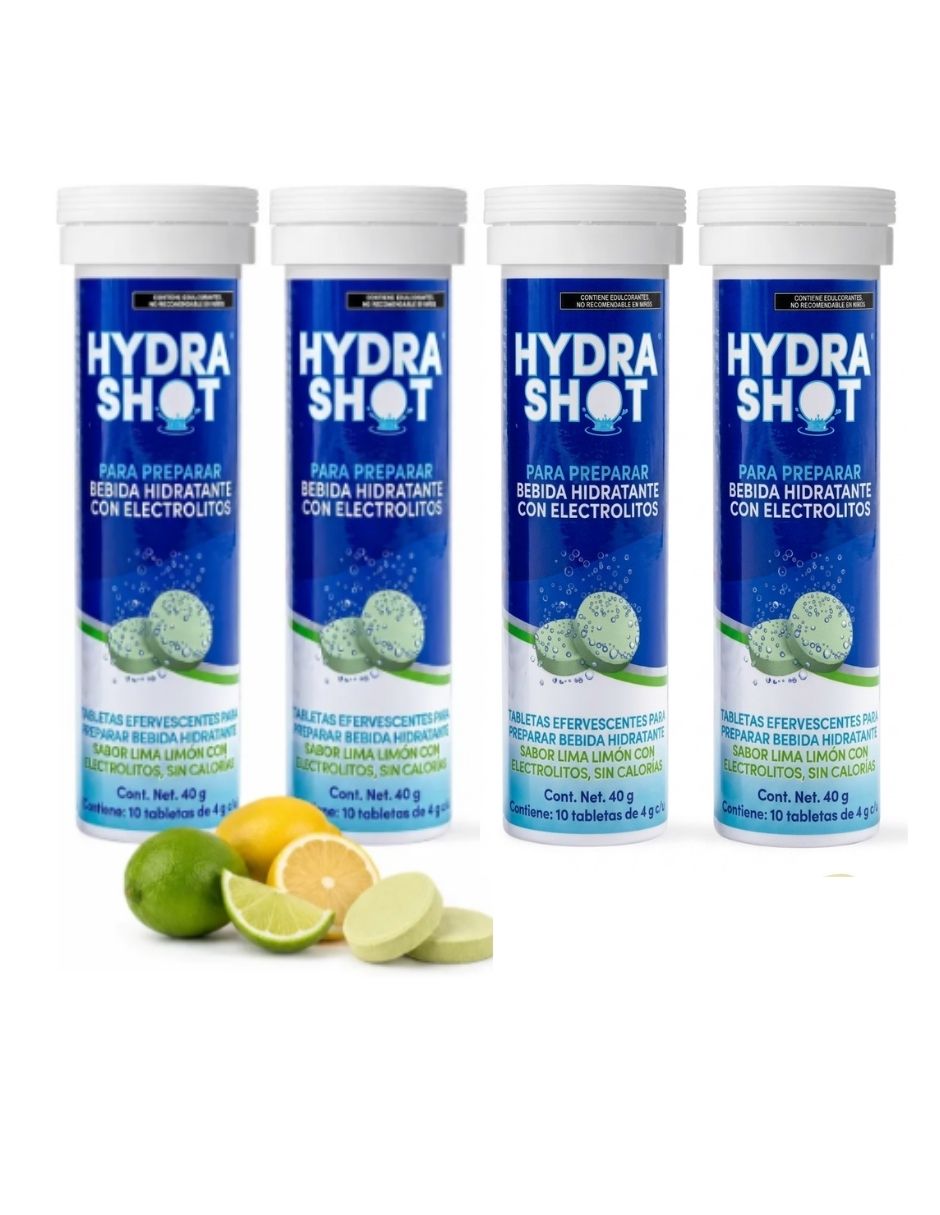4 PACK - Hydrashot Tabletas Efervescentes Electrolitos con DHM 1000 y electrolitos sabor lima limón de 40 gr
