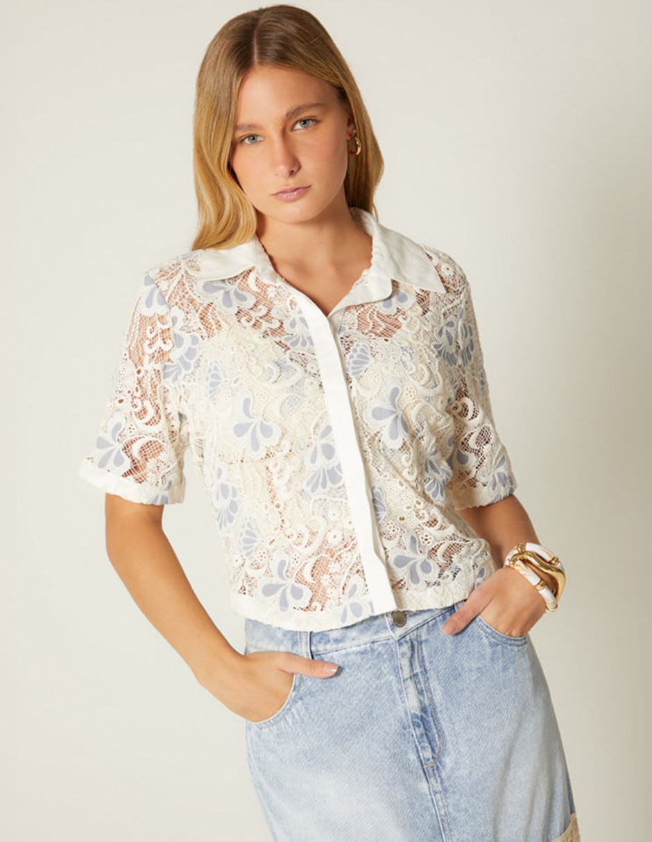 Blusa camisera artesanía romántica manga Corta para mujer Blusa camisera artesanía romántica manga Corta para mujer