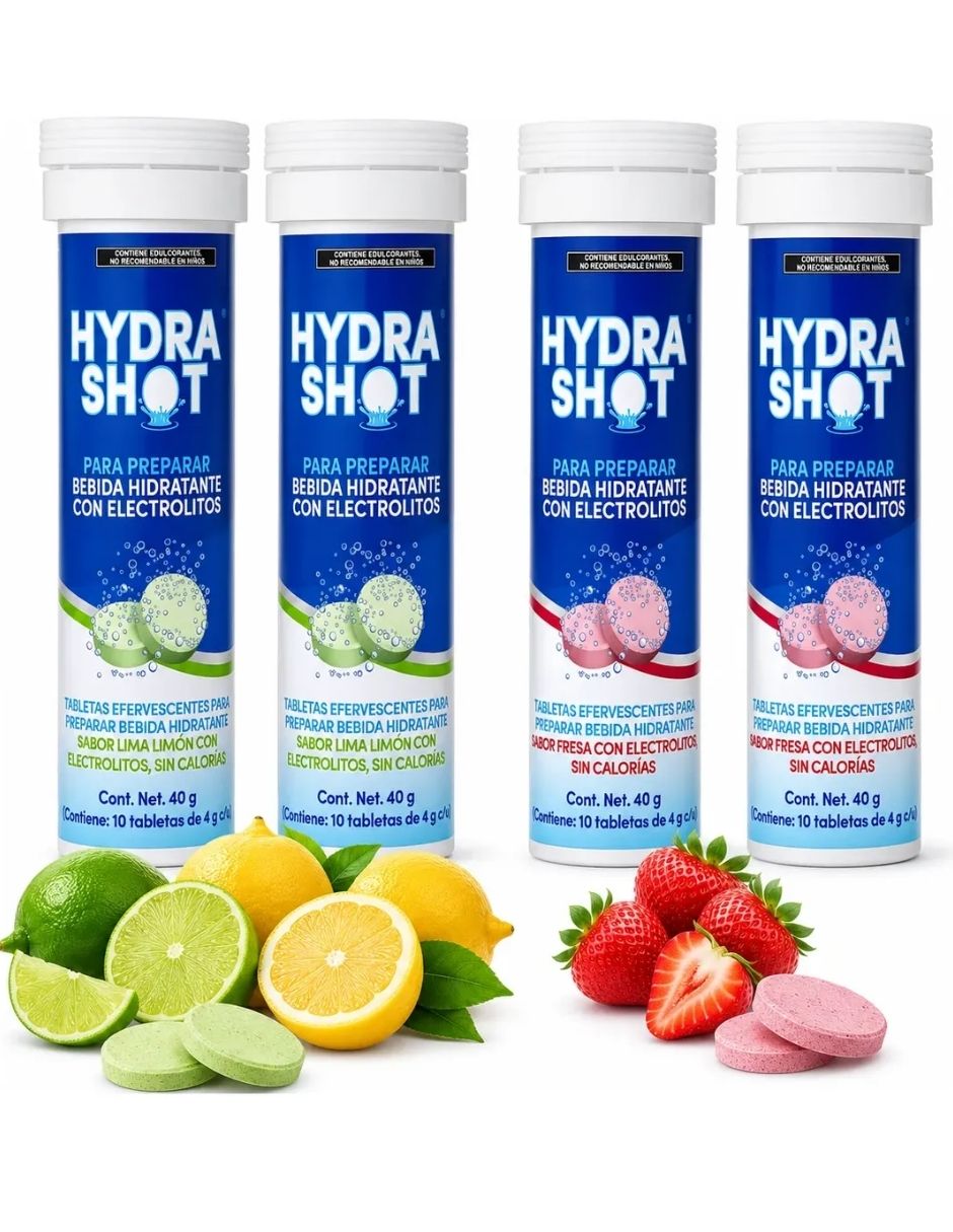 4 PACK - Hydrashot Tabletas Efervescentes Electrolitos Lima Limón (2) + Fresa (2) con DHM 1000 y Electrolitos sabor fresa y lima de 40 gr