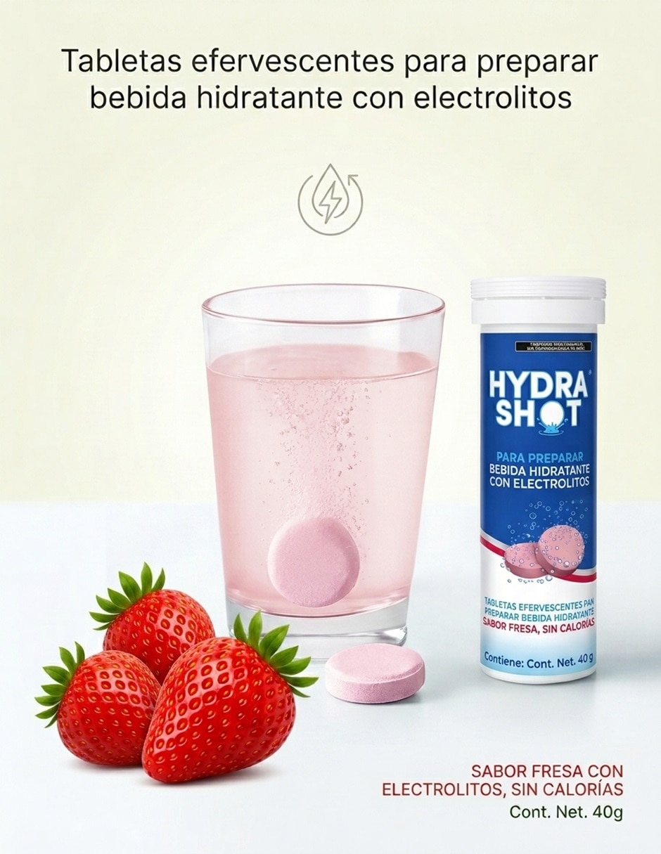4 PACK - Hydrashot Tabletas Efervescentes Electrolitos Lima Limón (2) + Fresa (2) con DHM 1000 y Electrolitos sabor fresa y lima de 40 gr