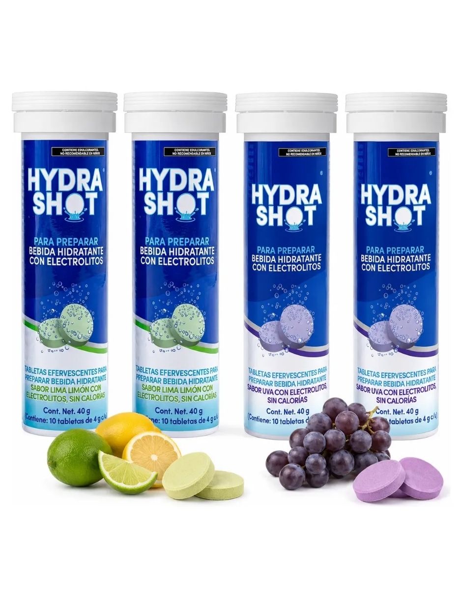 4 PACK - Hydrashot Tabletas Efervescentes ElectrolitosLima Limón (2) + Uva (2) con DHM 1000 y electrolitos sabor uva de 40 gr