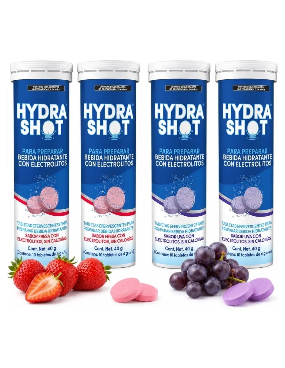 4 Pack - Hydrashot Tabletas Efervescente Electrolitos Fresa + Uva con DHM 1000