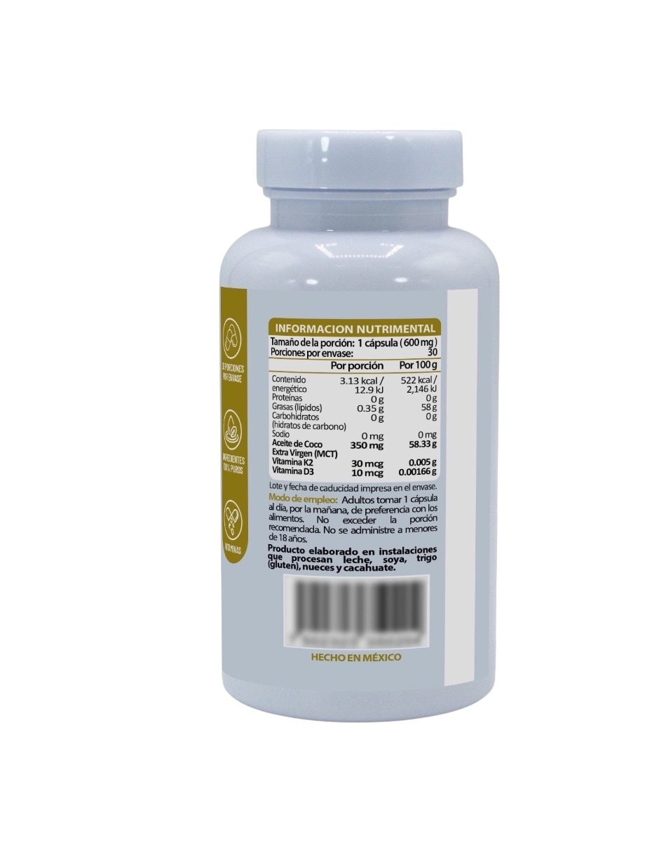 Vitamina D3 + K2 con aceite de coco 30 sofgel de 600 g