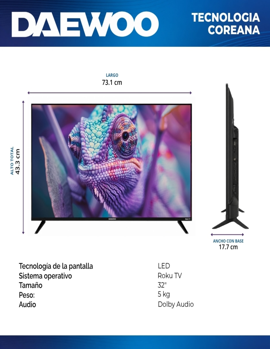 Pantalla Smart TV LED de 32 pulgadas HD DAW32RX2 con Roku TV 7