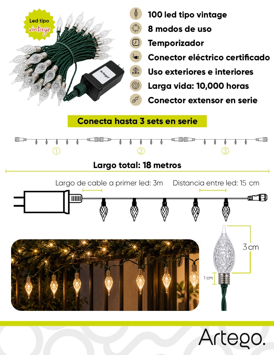 Serie led led navidad vintage style kodiak con 100 focos 7
