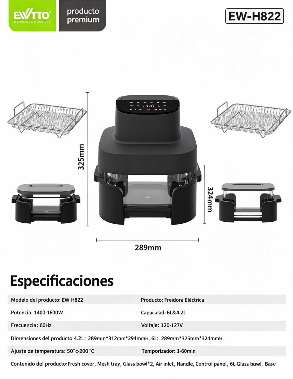 Freidora de aire con compartimento único 6 l ew-h822 11