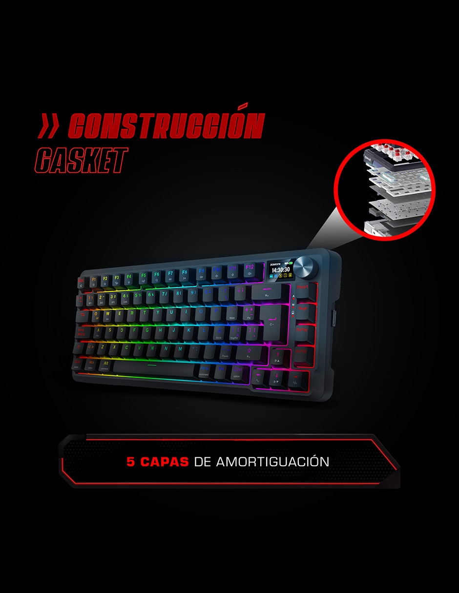 Teclado gamer alámbrica e inalámbrica QWERT español con interruptor Lineal (Red Black) K724 UCAL LCD 5