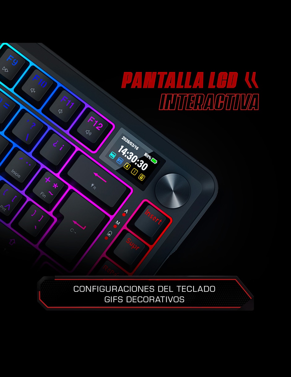 Teclado gamer alámbrica e inalámbrica QWERT español con interruptor Lineal (Red Black) K724 UCAL LCD 3