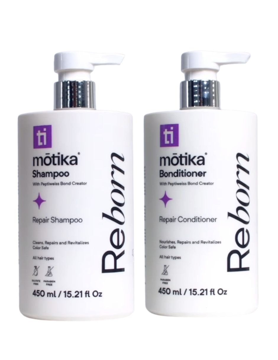 Set capilar motika Reborn duo shampoo y acondicionador eeparador para cabello dañado 450 ml para todo tipo de cabello 2 piezas