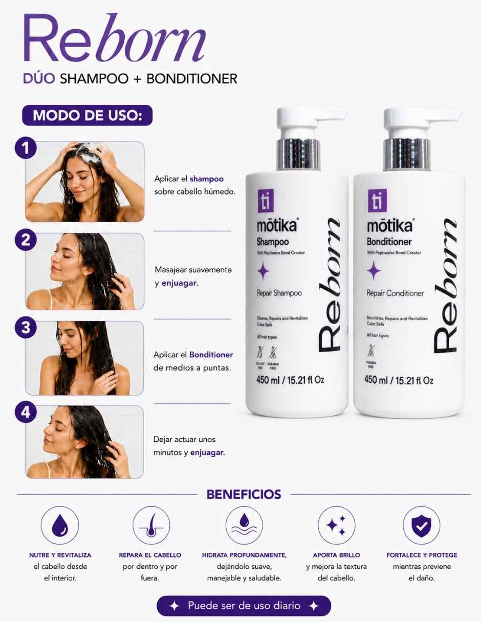 Set capilar motika Reborn duo shampoo y acondicionador eeparador para cabello dañado 450 ml para todo tipo de cabello 2 piezas