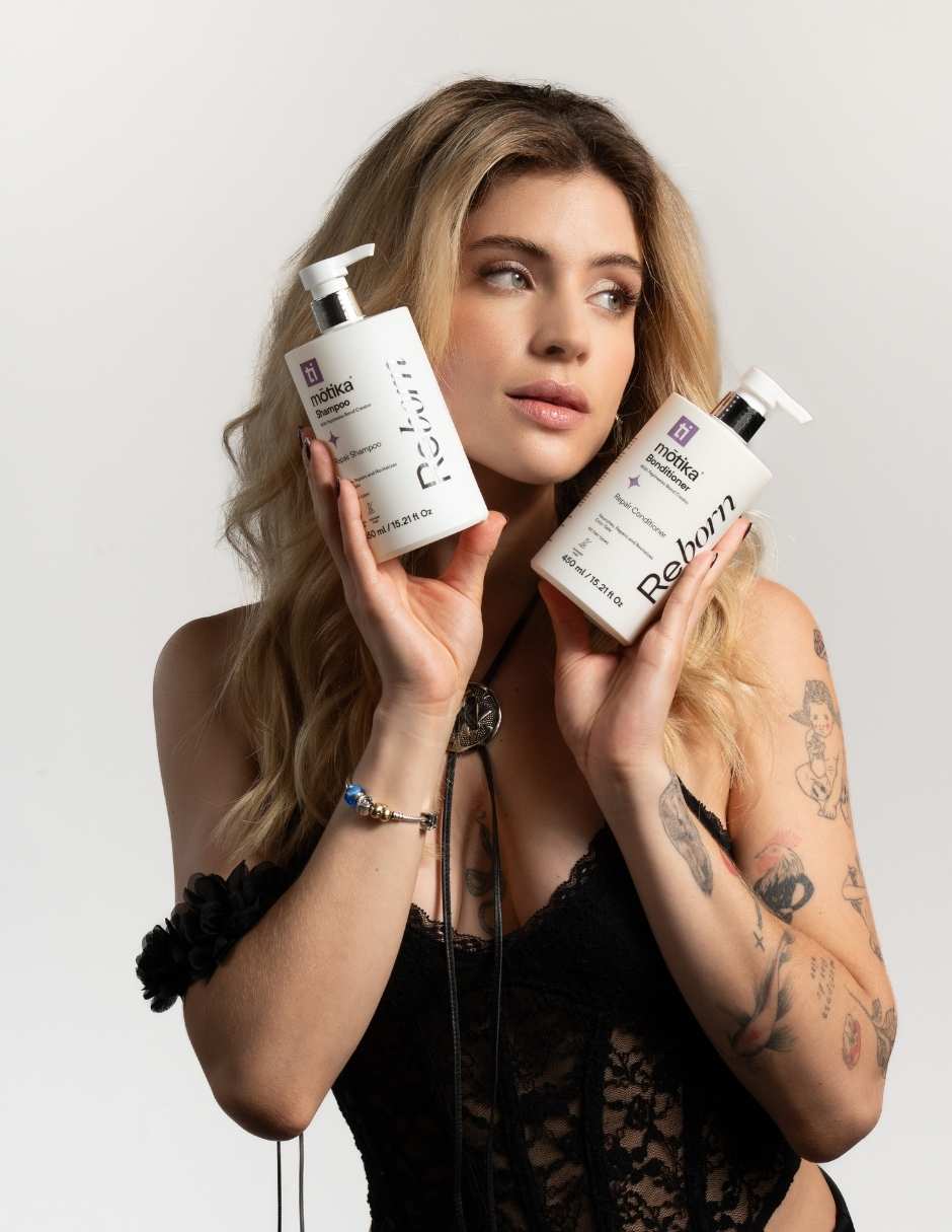 Set capilar motika Reborn duo shampoo y acondicionador eeparador para cabello dañado 450 ml para todo tipo de cabello 2 piezas