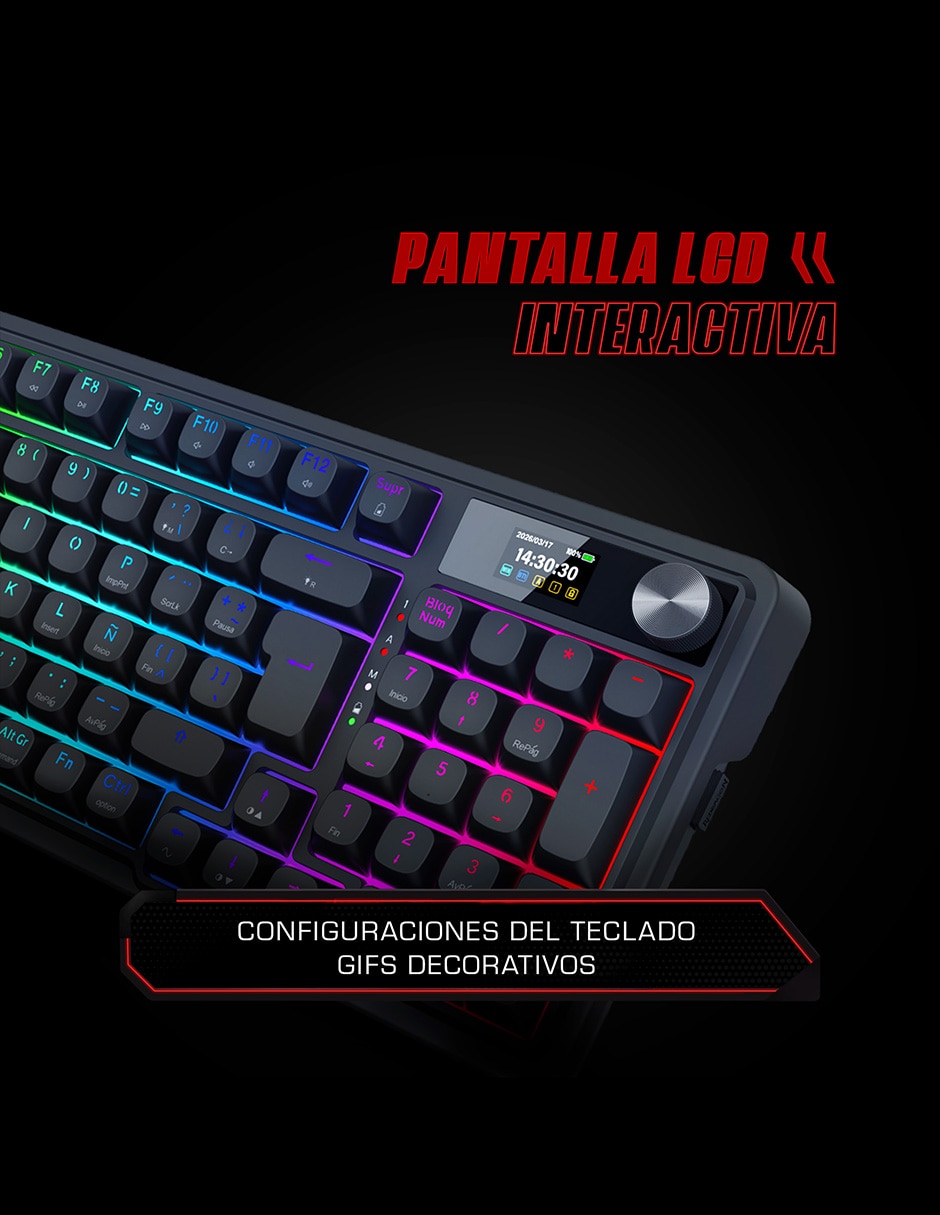 Teclado gamer alámbrica e inalámbrica QWERT español con interruptor Lineal (Red Black) K719 EISA LCD 6