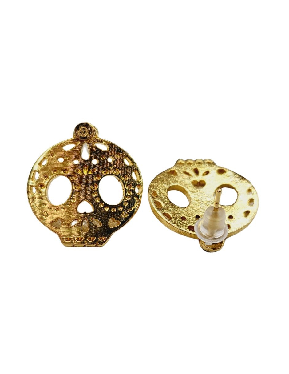 Aretes cortos día de muertos de estaño 24 k con acabado chapa de oro