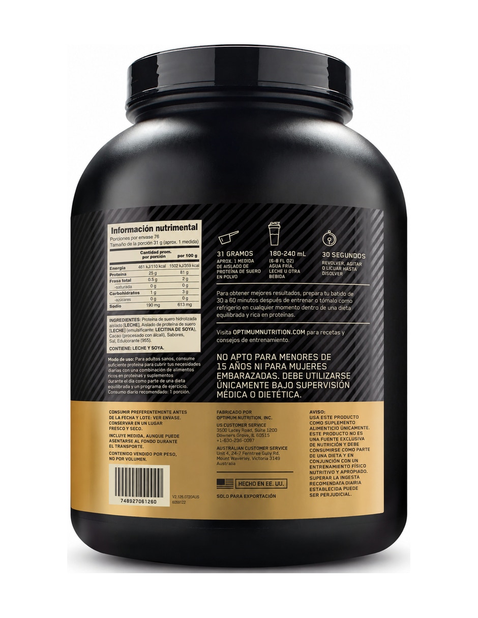 Gold Standard 100% Isolate Proteína Aislada de suero Optimum Nutrition con proteína sabor chocolate de 5 lb 3