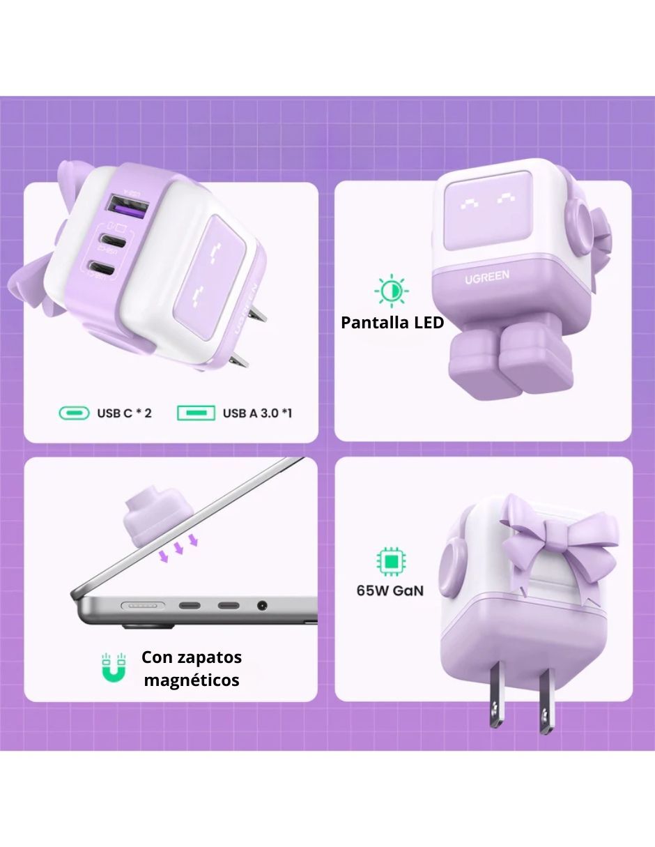 Cargador pared Robot cable USB C 60w de 1m USB tipo A + USB tipo C 65 W 3