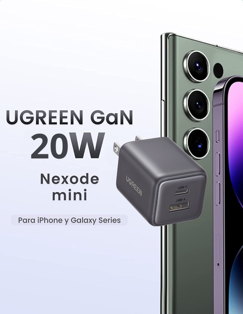 Cargador pared Ugreen 2 en 1 GaN y Cable USB C 100W de 1m USB tipo A + USB tipo C 20 W 3
