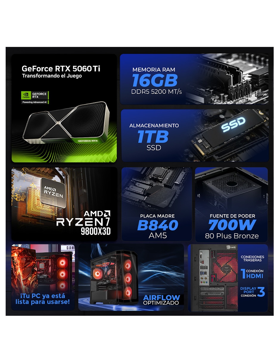 Computadora gamer no incluye monitor amd ryzen 7 nvidia geforce rtx 5060 Ti 16 gb ram 1tb