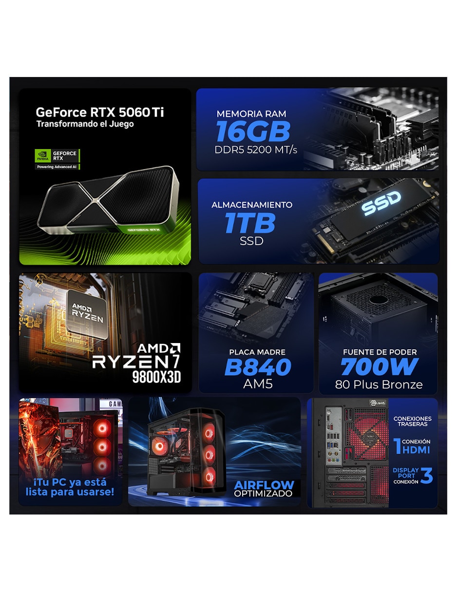 Computadora gamer 27 pulgadas full hd amd ryzen 7 nvidia geforce rtx 5060 Ti 16 gb ram