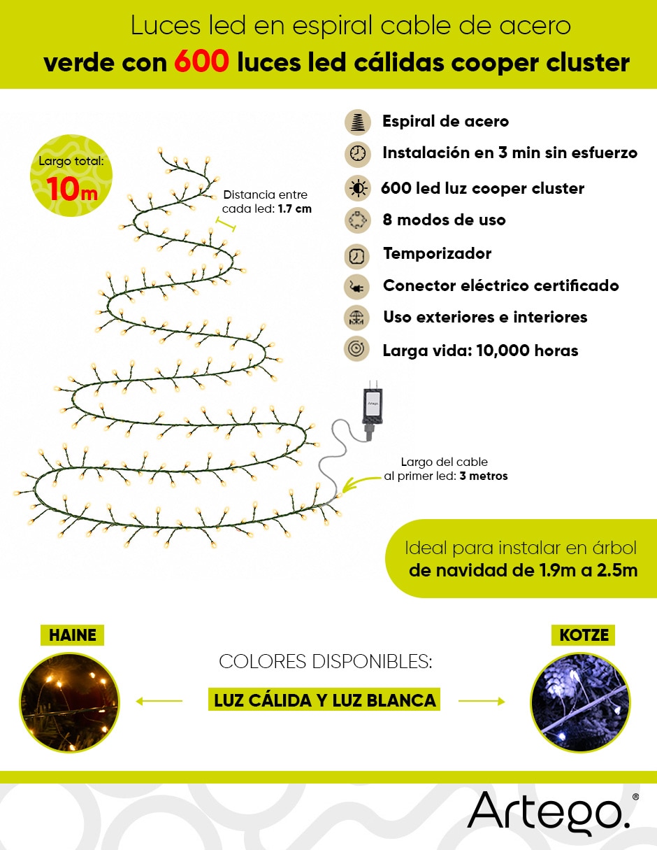 Serie luces led navidad haine luz cálida cable de acero verde haine con 600 focos 5