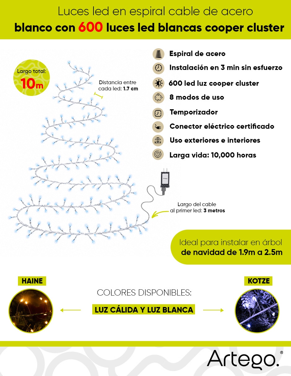 Serie luces led navidad kotze luz blanca cable de acero blanco kotze con 600 focos 5