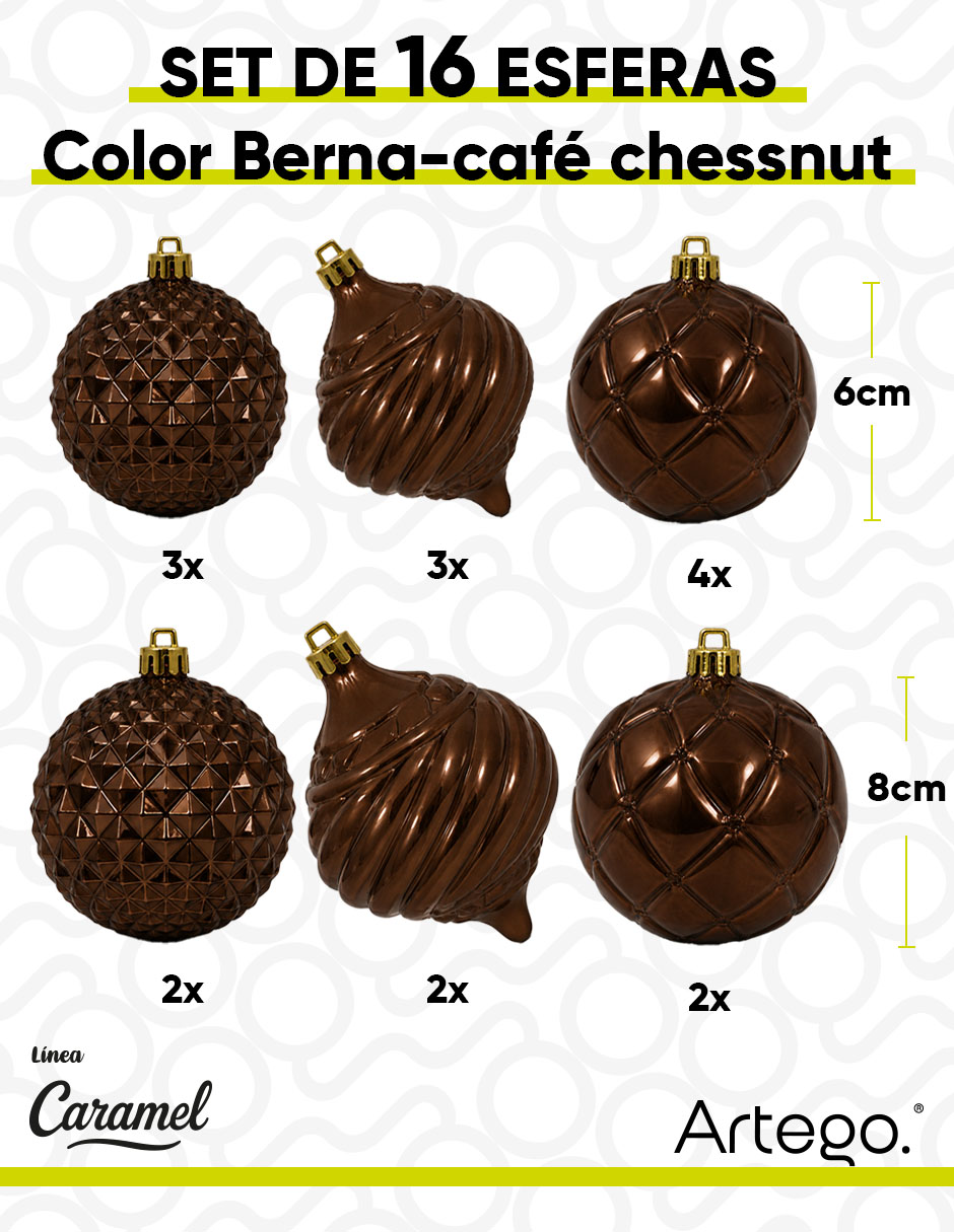 Set de esfera navideña Línea Caramel 3 texturas y acabados diferentes BERNA con 16 piezas 6