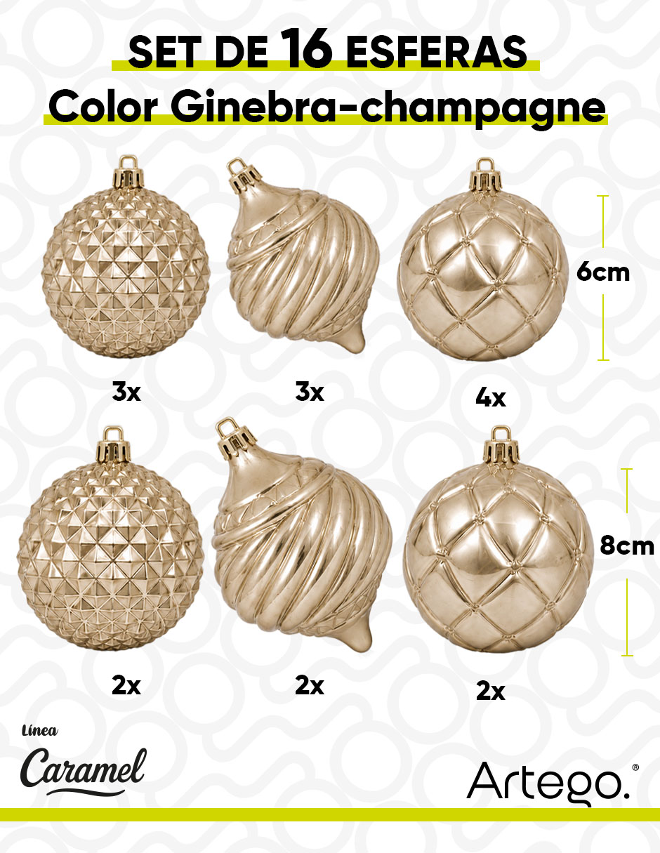 Set de esfera navideña línea caramel 3 texturas y acabados diferentes ginebra con 16 piezas 6