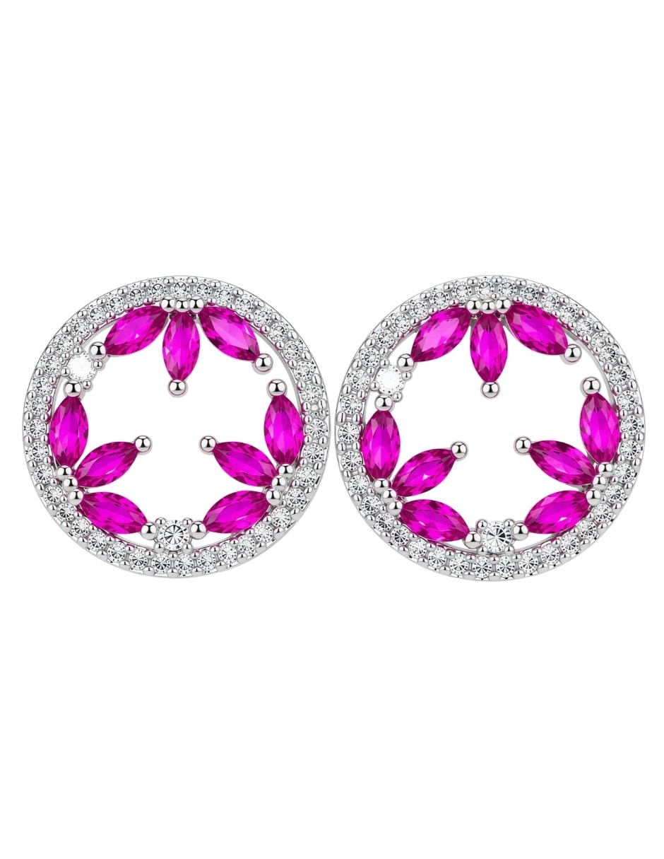 Broqueles circulares Fuchsia con acabado baño de rodio