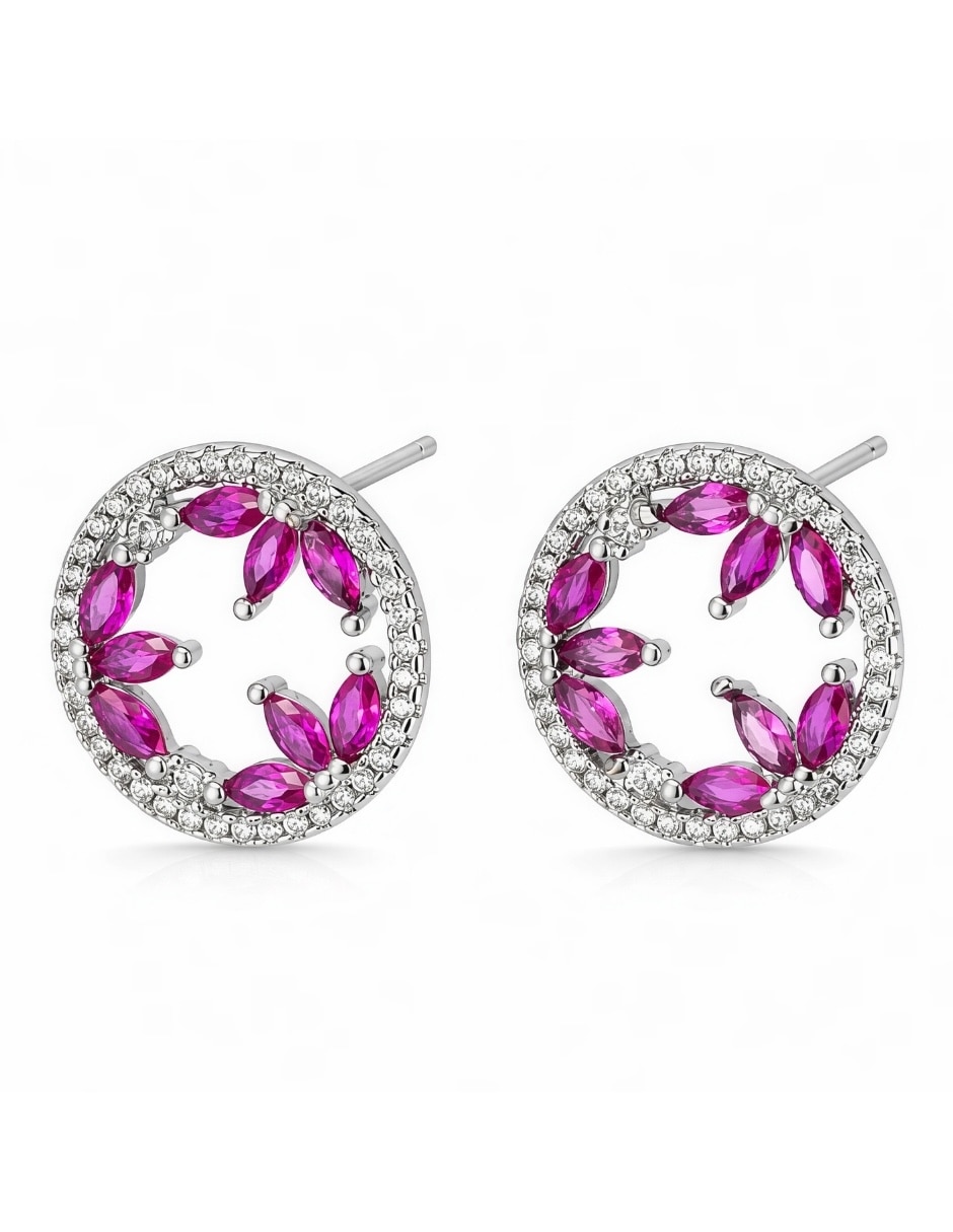 Broqueles circulares Fuchsia con acabado baño de rodio 2
