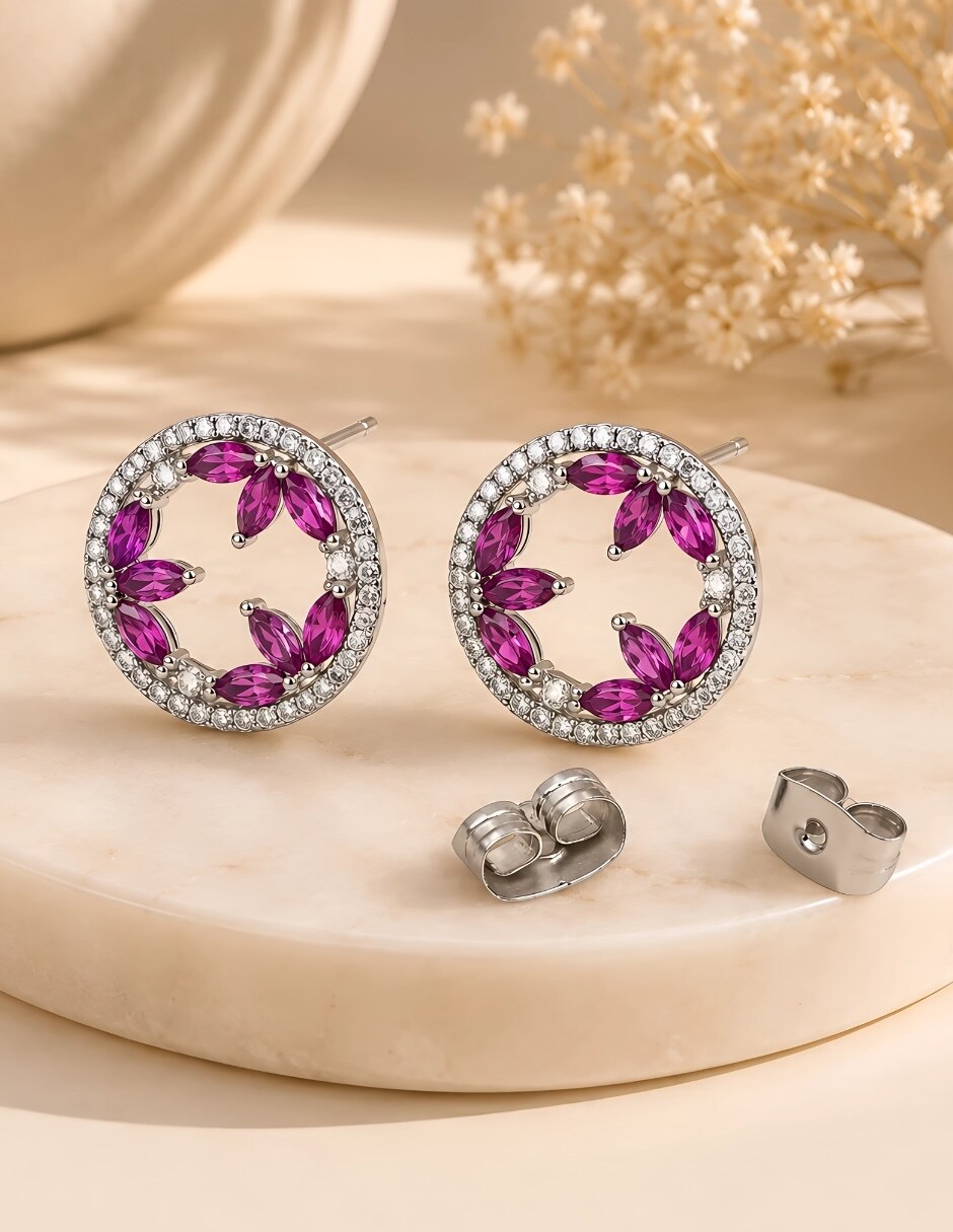 Broqueles circulares Fuchsia con acabado baño de rodio 5
