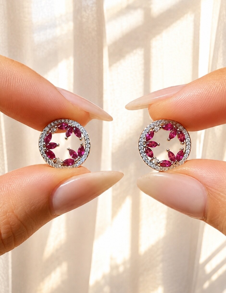 Broqueles circulares Fuchsia con acabado baño de rodio 6
