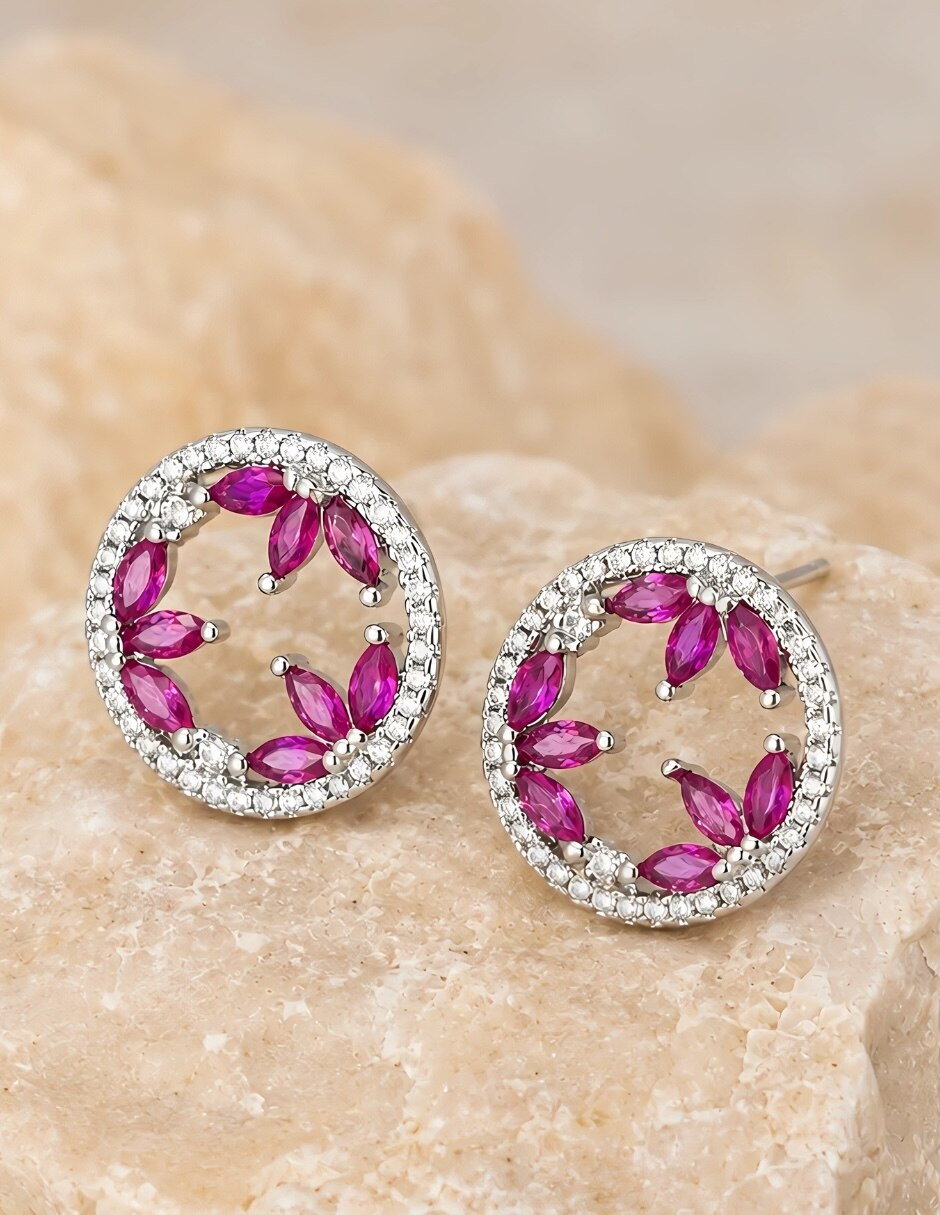 Broqueles circulares Fuchsia con acabado baño de rodio 7