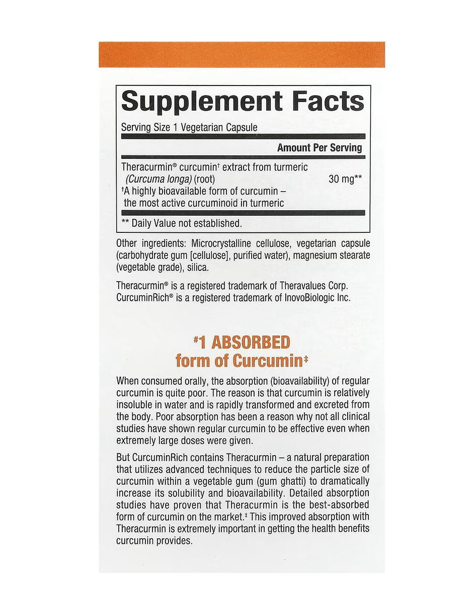 CurcuminRich Theracurmin con cúrcuma de 30 cápsulas