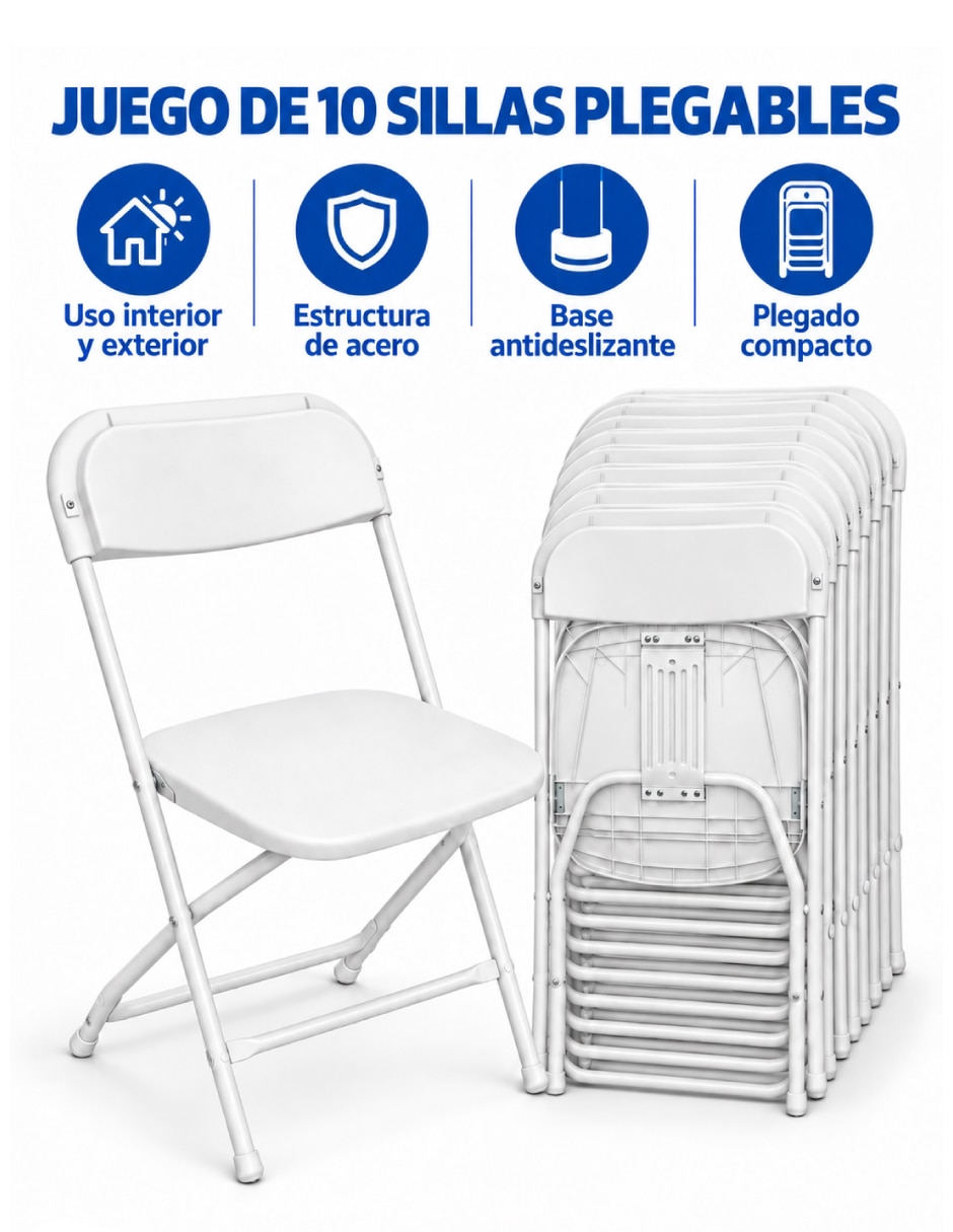 Juego de sillas plegables 10 piezas de plástico y metal 8
