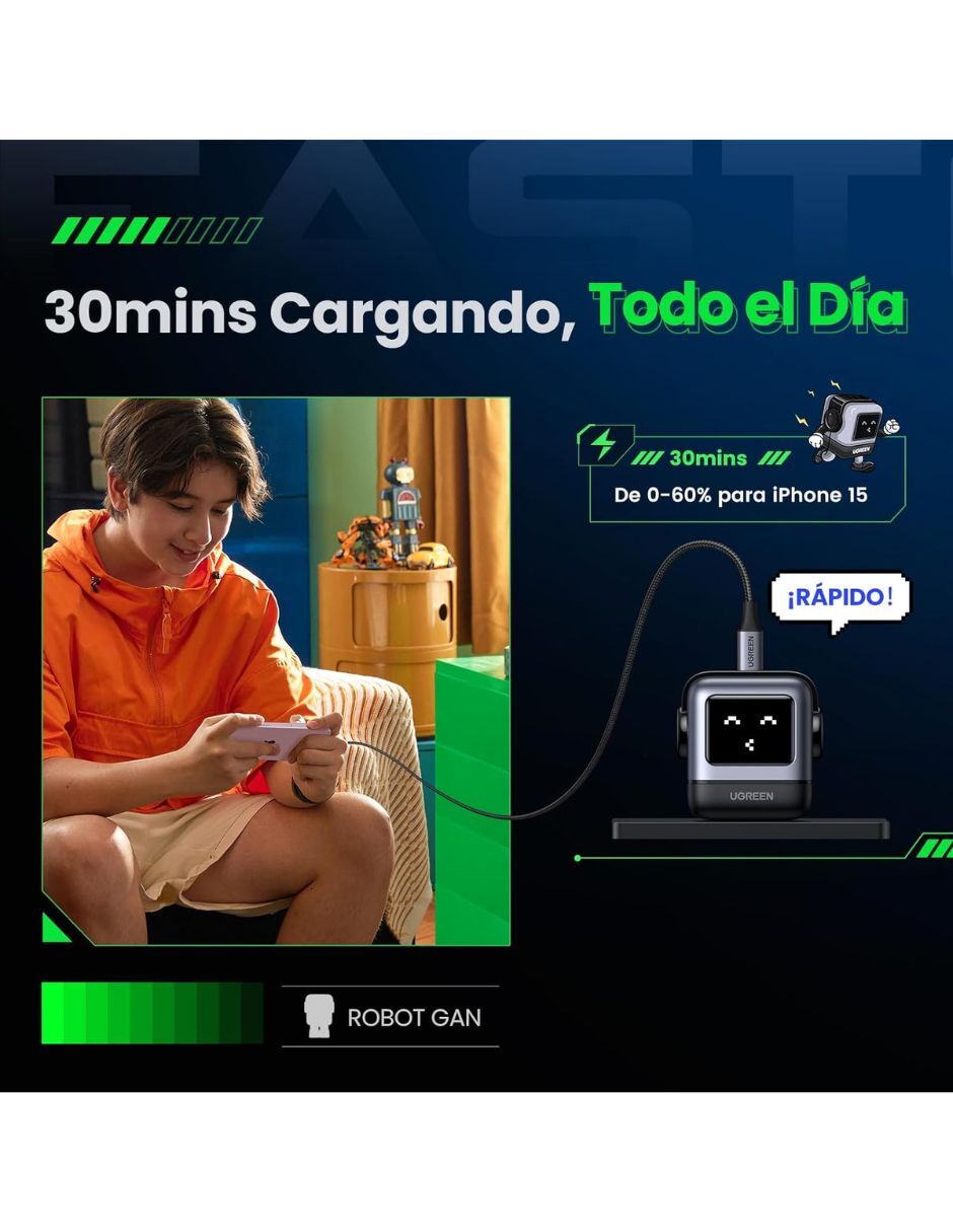 Cargador pared Ugreen Nexode carga rápida GaNRobot USB tipo C 30 W