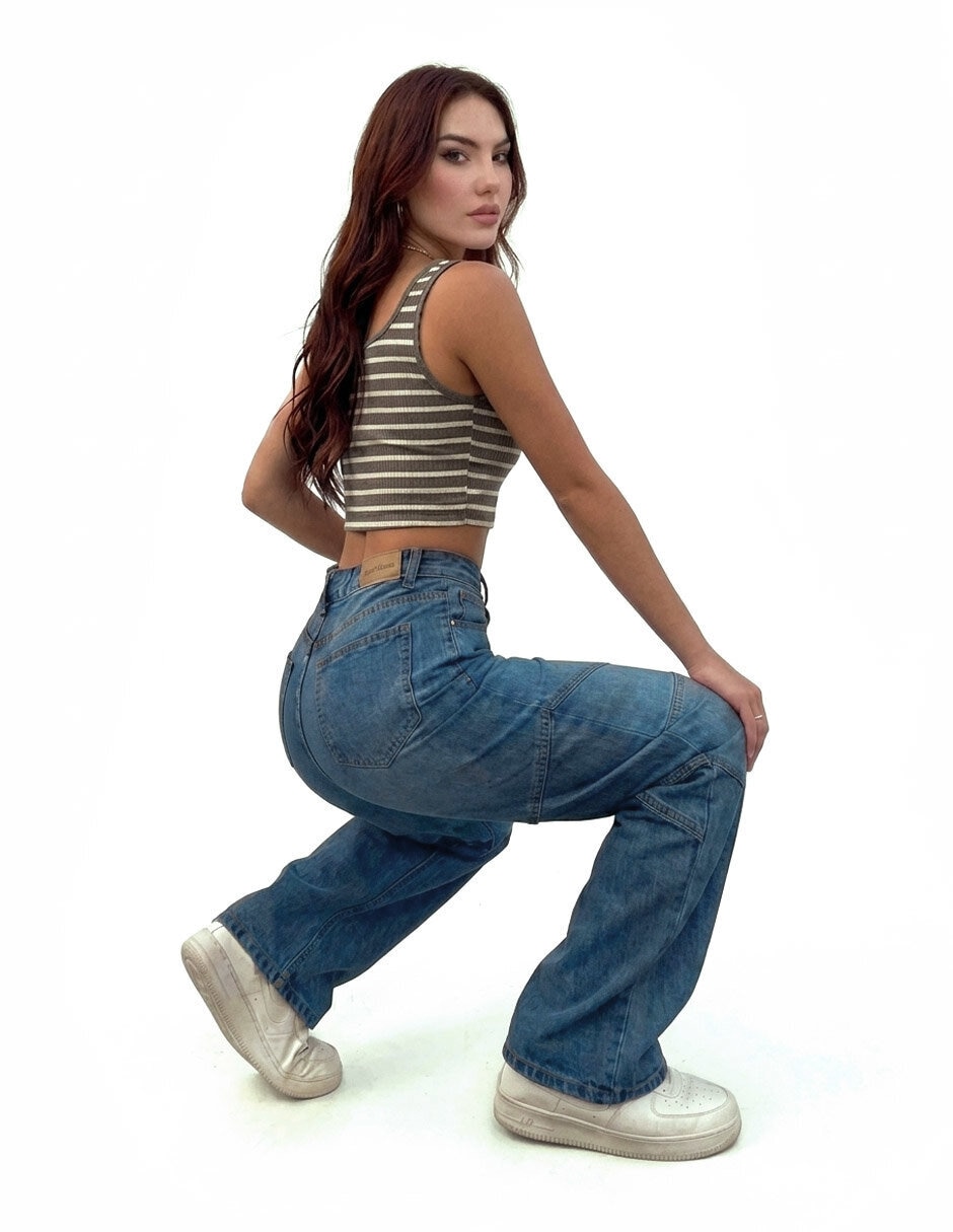 Jeans regular wide leg opp´s jeans corte cintura alta para mujer