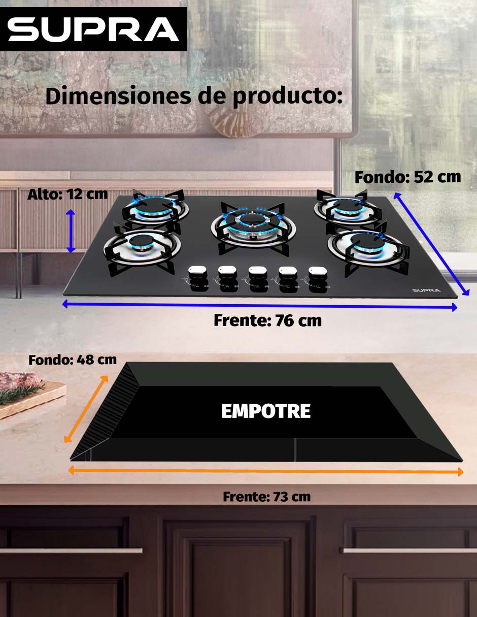 Combo parrilla de gas y campana Supra Capperi de cristal templado