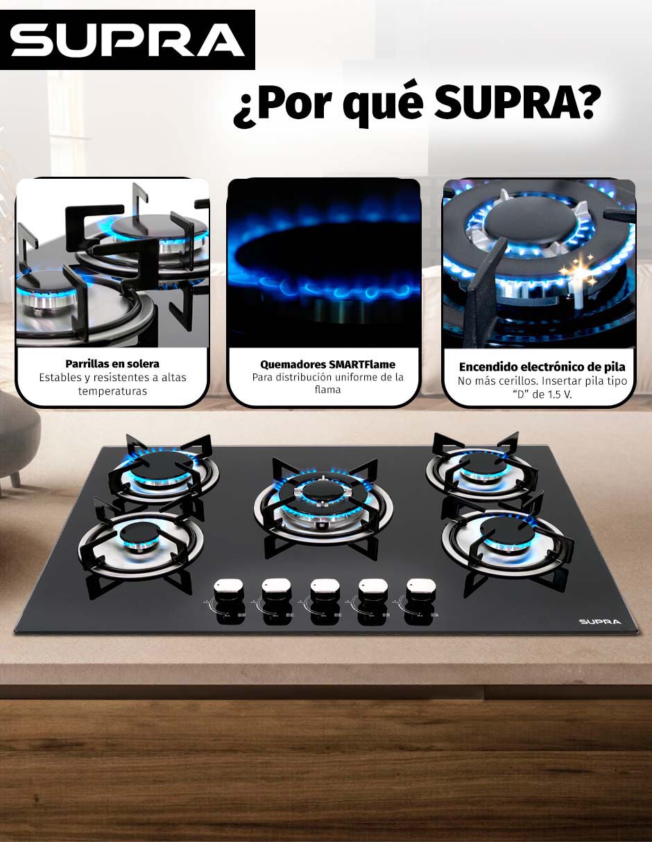 Combo parrilla de gas y campana Supra Capperi de cristal templado