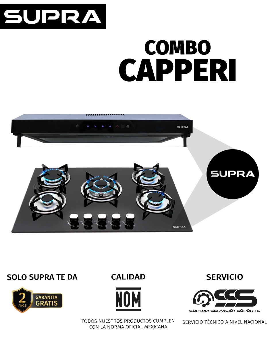 Combo parrilla de gas y campana Supra Capperi de cristal templado