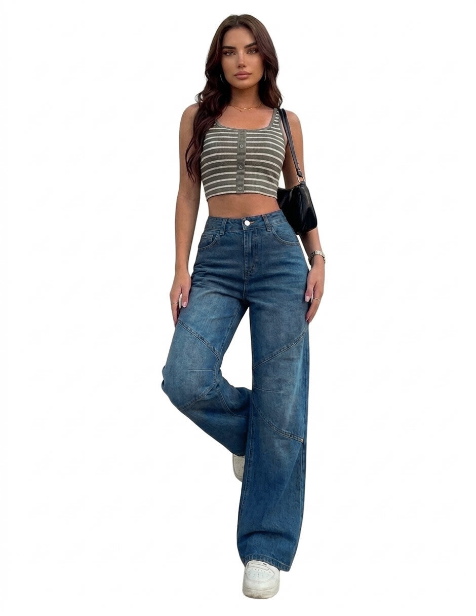 Jeans regular wide leg opp´s jeans corte cintura alta para mujer