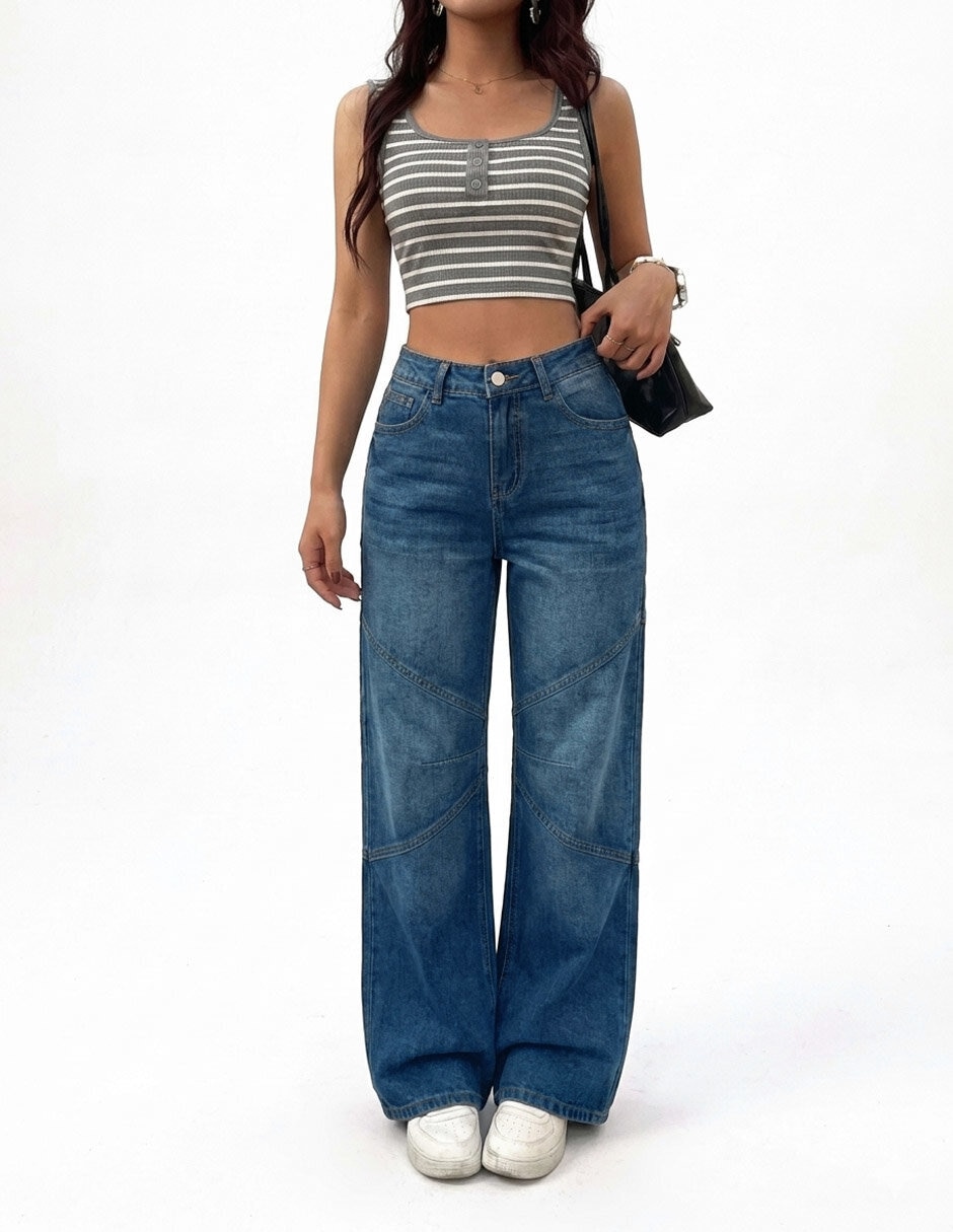 Jeans regular wide leg corte cintura alta para mujer