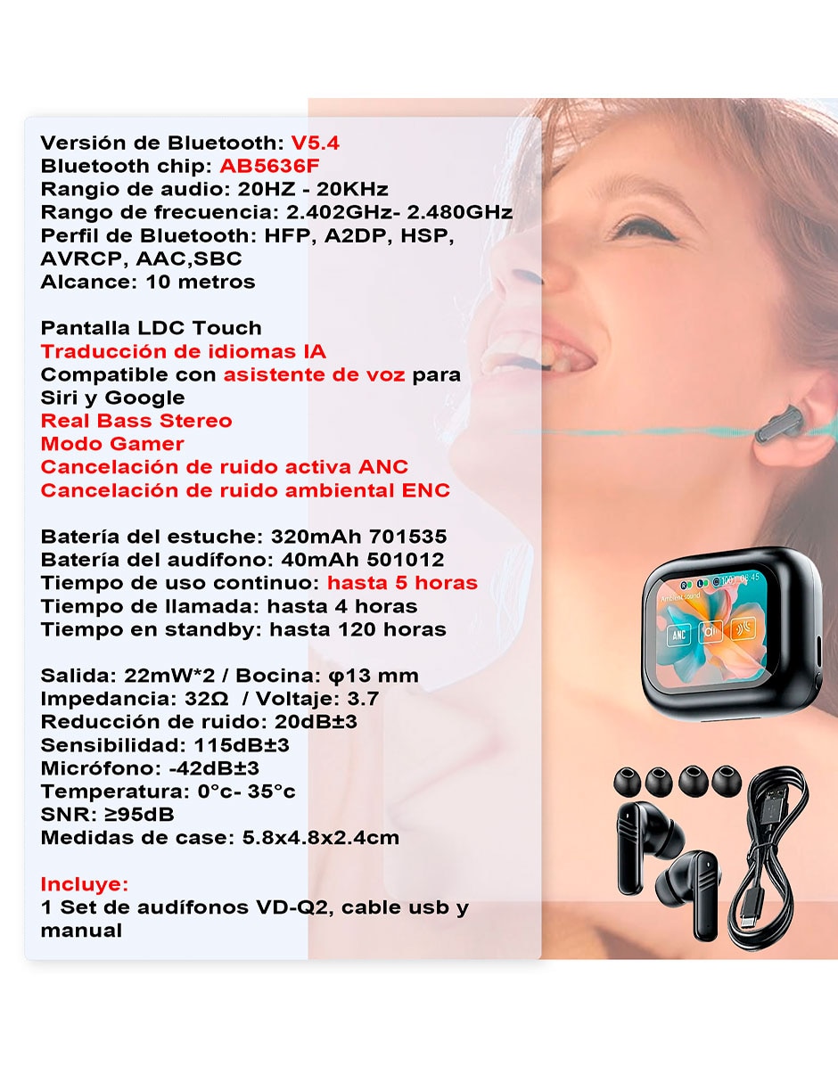 Audífonos True Wireless VAK vd-q2 inalámbrica con cancelación de ruido